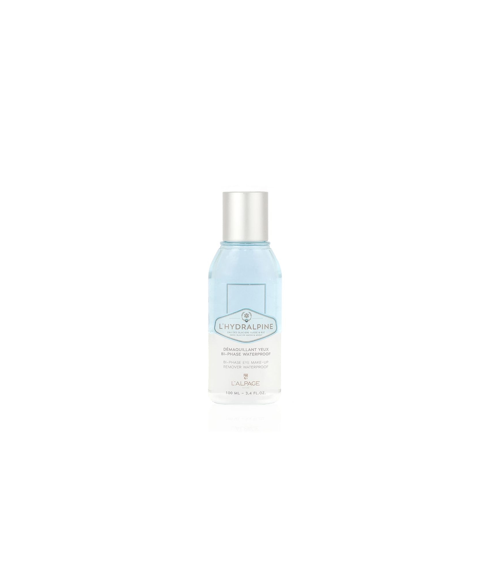 Démaquillant Yeux Bi-Phase Waterproof L'Hydralpine Visage Yeux 200 ml | Démaquillant Désincrustant Nettoyage Délicat Peau Soir Matin Waterproof Mascarat Eau des Glaciers Suisse Blé | L'ALPAGE Suisse