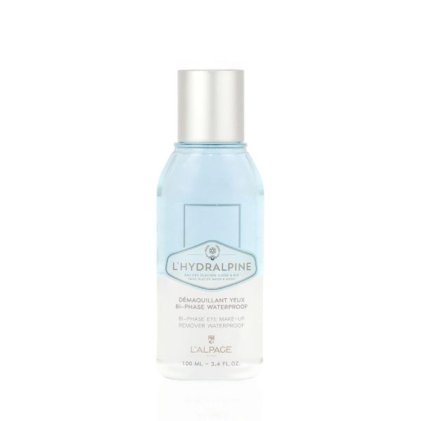 Démaquillant Yeux Bi-Phase Waterproof L'Hydralpine Visage Yeux 200 ml | Démaquillant Désincrustant Nettoyage Délicat Peau Soir Matin Waterproof Mascarat Eau des Glaciers Suisse Blé | L'ALPAGE Suisse